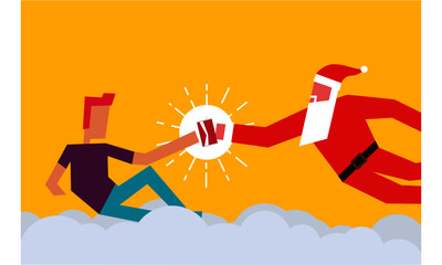 Santa Claus giving Christmas present to man. Santa gifting soda to another person. Vector Illustration of two men and soda. Christmas Gift Concept.