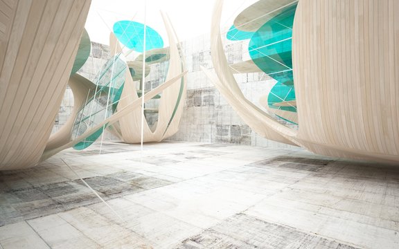 Abstract interior of wood, glass and concrete.3D illustration.  rendering 