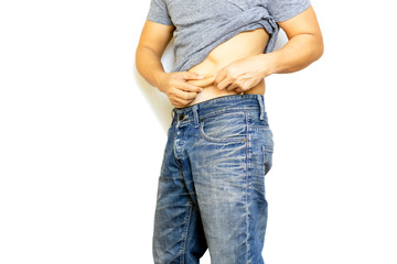 Man panic hand touching his fat belly isolated on white background.