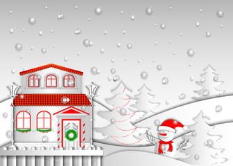 Landscape winter day. Christmas house and snowman on the background of the winter forest. Vector 3d illustration for christmas and happy new year. Paper cut art style.