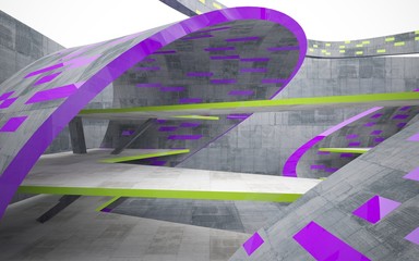 Abstract interior of concrete with glossy green and violet lines. Architectural background. 3D illustration and rendering 