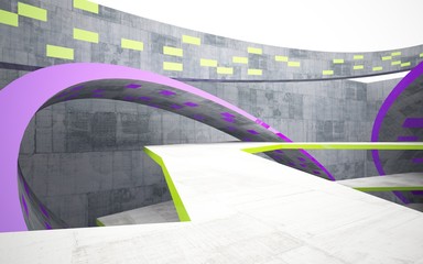 Abstract interior of concrete with glossy green and violet lines. Architectural background. 3D illustration and rendering 