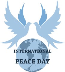 Color illustration of the globe, doves and text. International Peace Day.