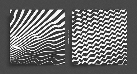 Cover design template. Black and white design. Pattern with optical illusion. Abstract 3D geometrical background. Vector illustration.