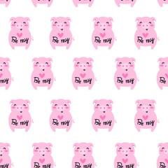 Vector seamless pattern for Valentine's day. Cute pink pig. Doodle style, cartoon background