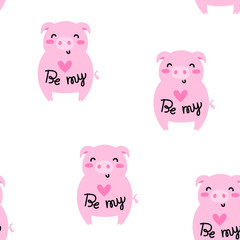 Vector seamless pattern for Valentine's day. Cute pink pig. Doodle style, cartoon background