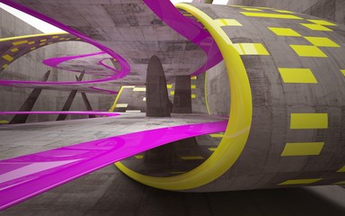 Empty dark abstract concrete smooth interior with colored glossy lines . Architectural background. 3D illustration and rendering