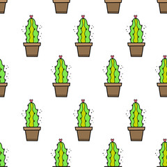 Vector seamless pattern for Valentine's day. Loving cactus. Hand-drawn style. Cartoon style