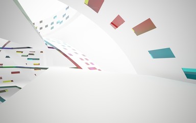 abstract architectural interior with white sculpture and geometric gradient glass lines. 3D illustration and rendering