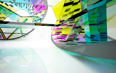 abstract architectural interior with gradient geometric glass sculpture. 3D illustration and rendering