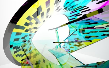 Fototapeta premium abstract architectural interior with gradient geometric glass sculpture. 3D illustration and rendering