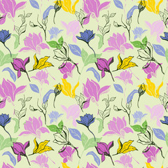 Magnolia flower skecth with ink hand drawn seamless pattern