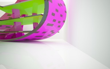 Abstract dynamic interior with gradient colored objects. 3D illustration and rendering