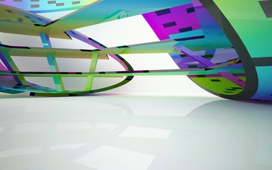 Abstract dynamic interior with gradient colored objects. 3D illustration and rendering