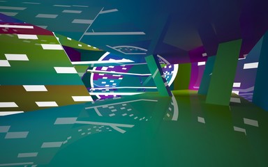 Abstract interior of the future in a minimalist style with gradient colored sculpture. Night view from the backligh. Architectural background. 3D illustration and rendering