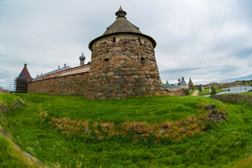 Korozhnaya tower of the Solovki Kremlin on a cloudy day