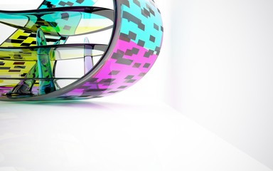 Fototapeta na wymiar abstract architectural interior with colored smooth glass sculpture. 3D illustration and rendering