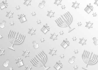 Hanukkah grey backgroundwith holiday candles, gifts, Hamsa, David stars. Modern paper cut design for Jewish Festival of light. 3d vector illustration.