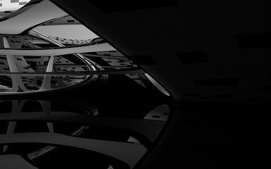 Abstract dynamic interior with white smooth objects and black room . 3D illustration and rendering
