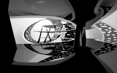 Abstract dynamic white interior with black smooth objects. 3D illustration and rendering