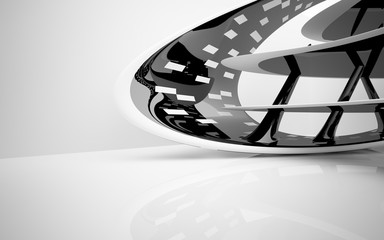 Abstract dynamic white interior with black smooth objects. 3D illustration and rendering