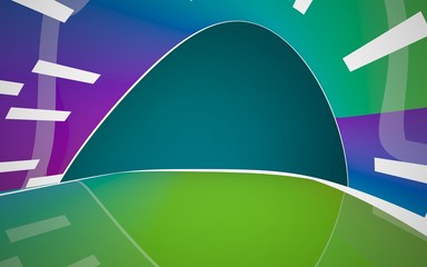 Abstract interior of the future in a minimalist style with colored gradient sculpture. Night view . Architectural background. 3D illustration and rendering