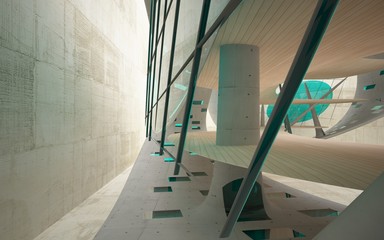 Abstract interior of wood, glass and concrete.3D illustration.  rendering 