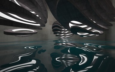 Empty dark abstract concrete room interior with blue water. Architectural background. Night view of the illuminated. 3D illustration and rendering