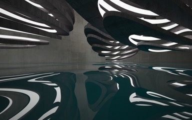 Empty dark abstract concrete room interior with blue water. Architectural background. Night view of the illuminated. 3D illustration and rendering