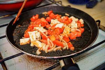 Woman, preparing, breakfast, home kitchen, copy space