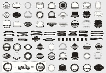 Make your labels or Logotypes concept set. Retro typography, badges, logos, borders, ribbons, emblem, stamp, and objects. Vector design templates.