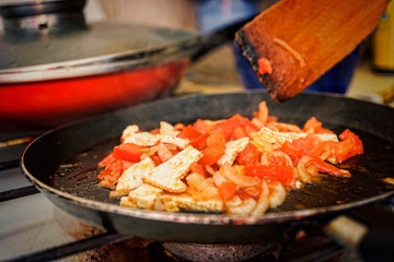 Woman, preparing, breakfast, home kitchen, copy space