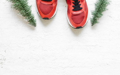 Christmas sport shoes flat lay composition with sneakers, christmas tree on grunge white wood ...