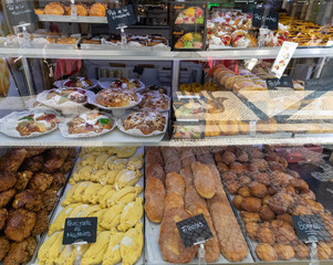 Variety of sweets in the small shops of Lisbon, Portugal