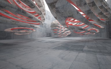 Empty dark abstract concrete smooth interior with red glossy lines . Architectural background. 3D illustration and rendering