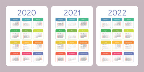 Fototapeta na wymiar Calendar 2020, 2021, 2022 years. Vertical vector calender design template. Colorful set. Week starts on Sunday