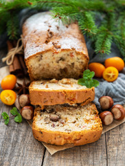 traditional homemade stollen with dried fruits and nuts