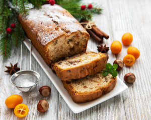 traditional homemade stollen with dried fruits and nuts