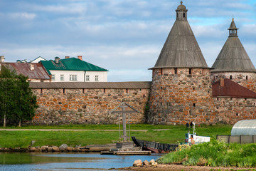 Spinning tower Spaso-Preobrazhensky Solovetsky Monastery in the summer from the Bay of well-being, Russia
