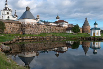 Spaso-Preobrazhensky Solovetsky Monastery in the summer from the Bay of well-being, Russia