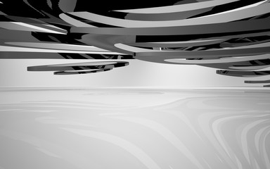 Abstract white interior of the future, with glossy black sculpture. 3D illustration and rendering