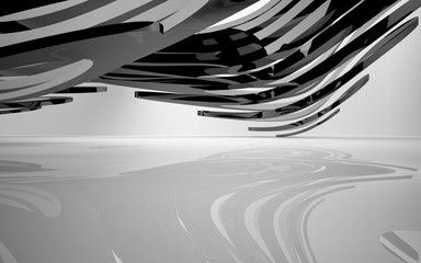 Abstract white interior of the future, with glossy black sculpture. 3D illustration and rendering