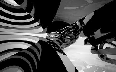 Abstract white interior of the future, with glossy black sculpture. 3D illustration and rendering