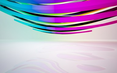 Abstract dynamic interior with gradient colored objects. 3D illustration and rendering