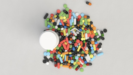 Blank white plastic bottle and pile of pills