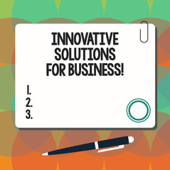 Conceptual hand writing showing Innovative Solutions For Business. Business photo showcasing Modern ideas applied to companies Square Color Board with Magnet Click Ballpoint Pen and Clip