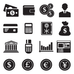 Money Icons. Black Flat Design. Vector Illustration. 