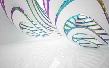 White smooth abstract architectural background whith colored gradient lines . 3D illustration and rendering