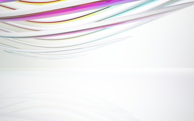 abstract architectural interior with colored smooth glass sculpture. 3D illustration and rendering