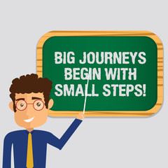 Handwriting text Big Journeys Begin With Small Steps. Concept meaning One step at a time to reach your goals Man Standing Holding Stick Pointing to Wall Mounted Blank Color Board